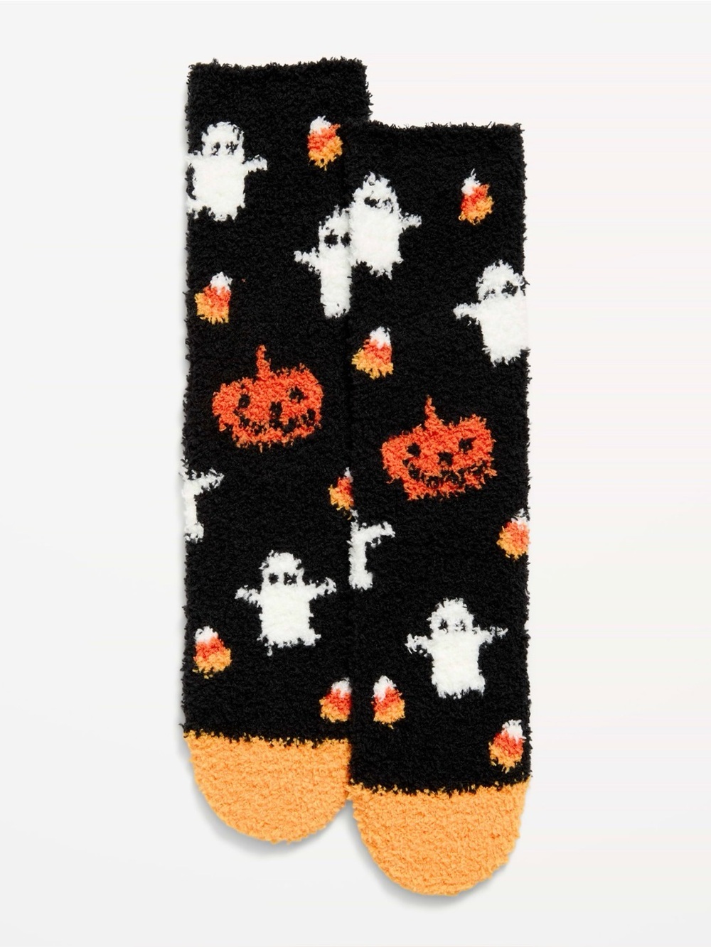 Old Navy Black Fuzzy Halloween 🎃 👻Crew Socks with Orange Toes and White Ghosts